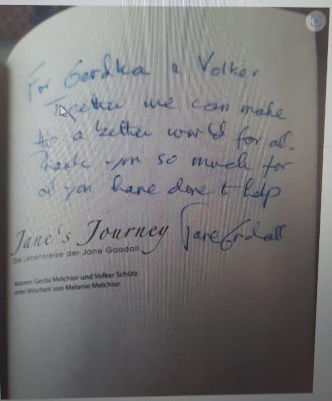 Persönliche handschriftliche Widmung von Jane Goodall an Gerda und Volker